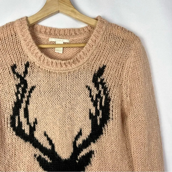Forever 21 Peach Pink Reindeer Open Knit Crewneck Sweater M - Picture 3 of 4